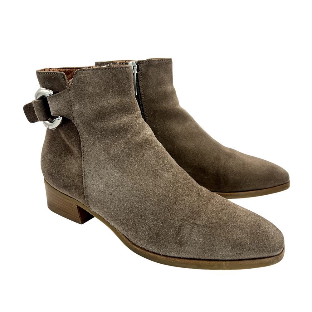 Aquatalia Faria Taupe Suede Ankle Boot Bootie Silver Buckle Zipper 7.5